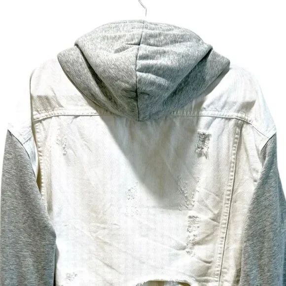NWOT Dance & Marvel White Gray, Raw Hem, Crop Detachable Hoodie, Denim Jacket, - Picture 10 of 15